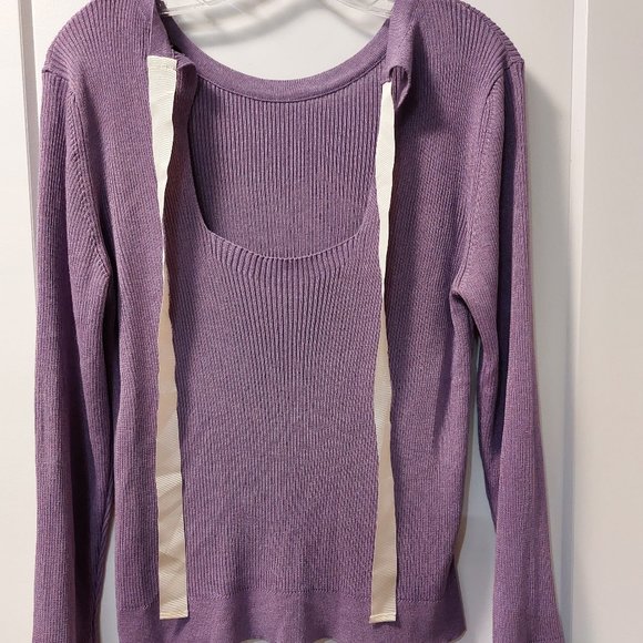 MASSIMO DUTTI Long Sleeve Knit Ribbon Tie Back Sweater - Purple - Size Large - Picture 2 of 8